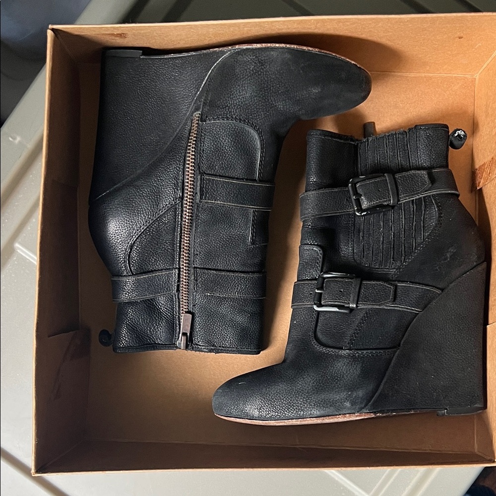 Joie Love Me Two Times Black Textured Buckle Wedged Booties
